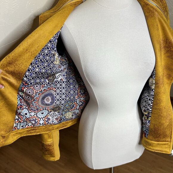 Desigual Moto Jacket Womens 38 M Mustard Yellow Faux Suede Embroidered Mandala - Picture 5 of 13
